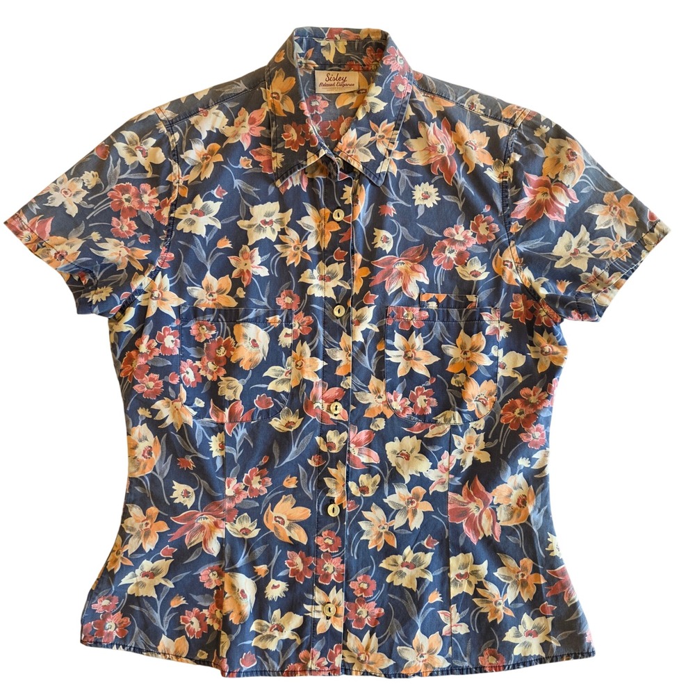 Vintage 80s Sisley Relaxed Elegance Floral Button Down Shirt Made in Italy Blue